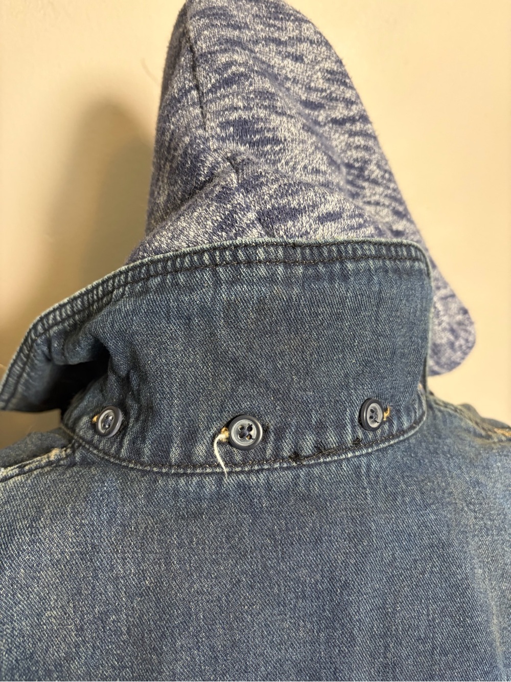 Free People Distressed Denim Jean Jacket W/ Knit Sleeves & Hood - Picture 4 of 13